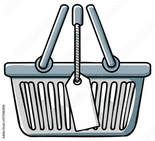 Light gray shopping basket with handles and a blank white label hanging from the center ready for customization