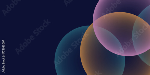 Dark modern abstract background with overlapping transparent gradient circles in orange, blue, and purple tones. Futuristic minimal vector design suitable for posters, web banners, and presentations