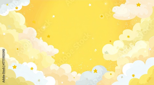 Whimsical, pastel yellow sky with fluffy clouds and stars