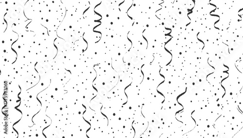 Black streamers and confetti on white background seamless pattern party celebration