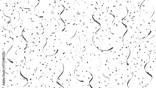 Black and white confetti and streamers falling on a white background party celebration