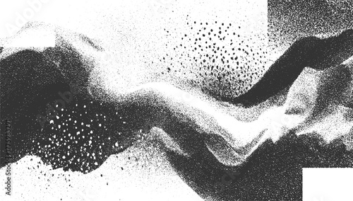 Black and white abstract grainy texture with scattered dots and flowing shapes background