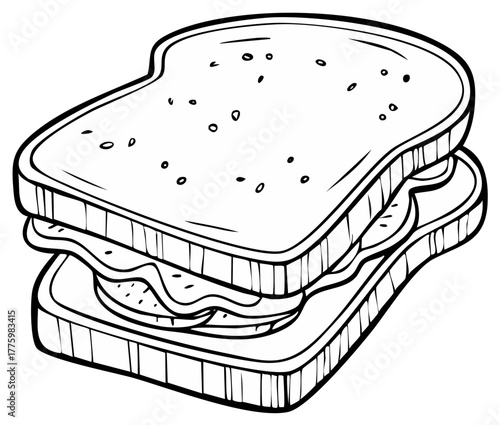 Black and white outline drawing of a layered sandwich with bread slices and filling.