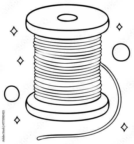 Outline illustration of a spool of thread with simple design elements.