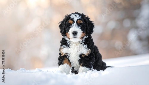 Bernedoodle puppy sitting in snow, dark and tan fur, winter landscape background, bright blurry highlights