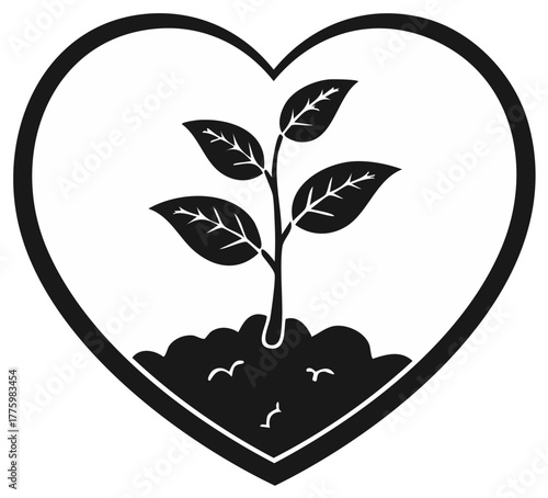 A Young Sapling Growing with Love Represented by a Heart Shape in a Black and White Graphic Style