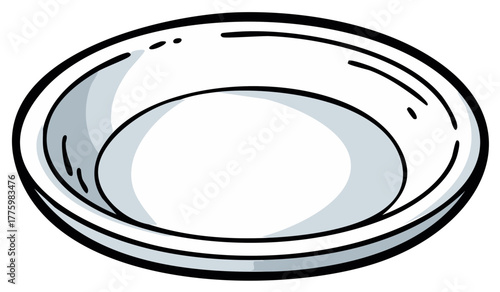 Simple illustration of a white dish with a black outline and grey shading