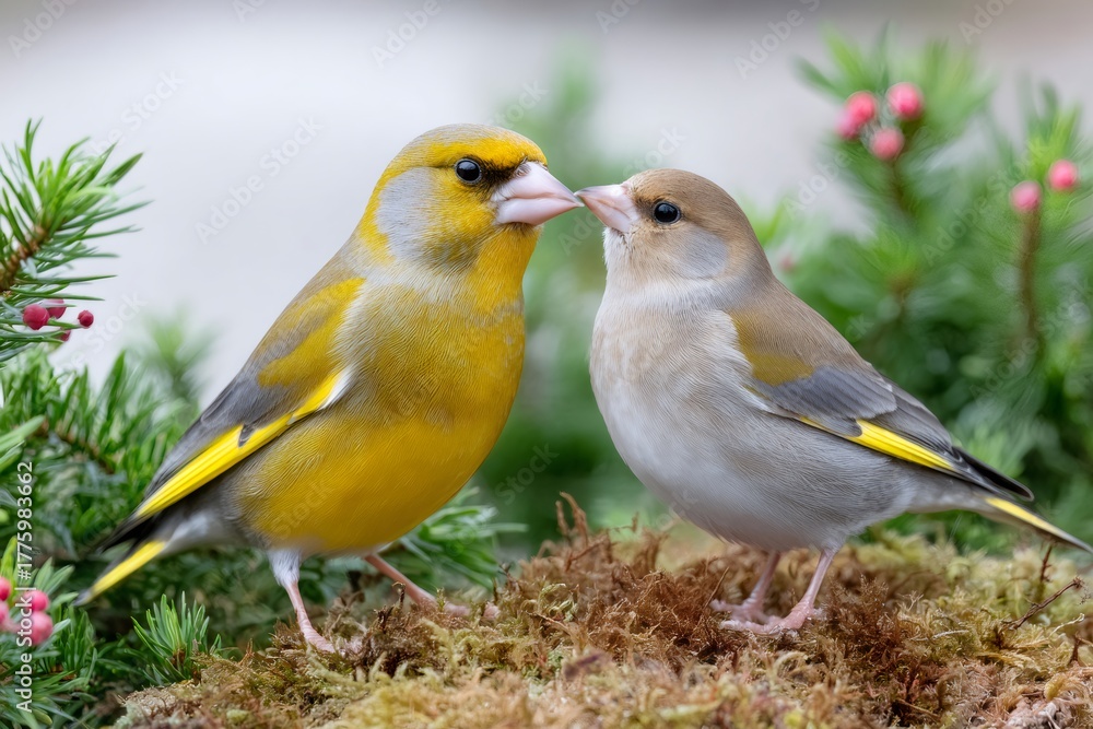 Fototapeta premium European greenfinch couple sharing a tender moment