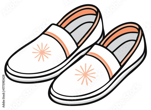 Vector Illustration of Casual White Slippers Featuring Orange Stripe and Star Motif
