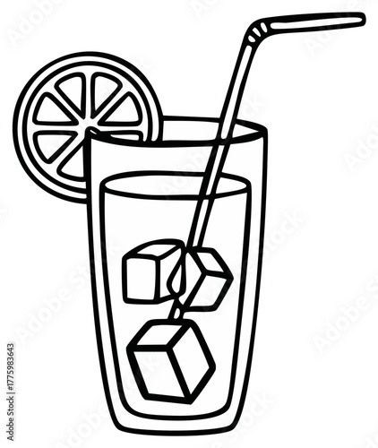 Refreshing drink with ice cubes and lemon slice, line art illustration