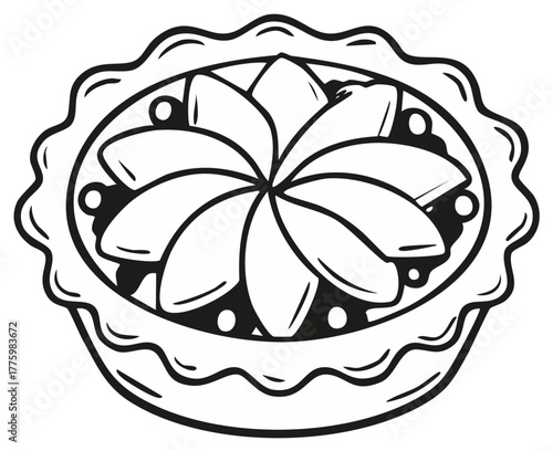 Black and white line art illustration of a fruit pie with a decorative wavy crust and fruit top.