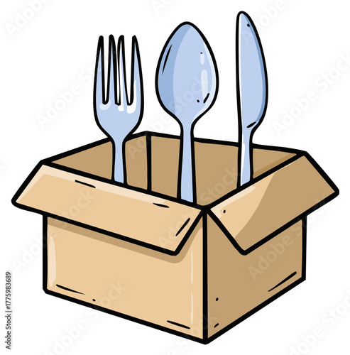 Fork Spoon and Knife in Cardboard Box Vector Illustration Kitchen Utensils