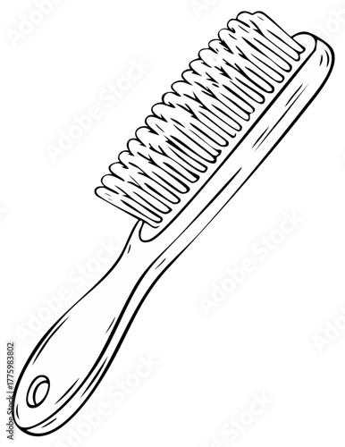 Black and white line drawing of a stiff bristled cleaning brush with a long handle and hanging hole