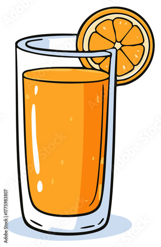 Fresh cartoon orange juice drink in a clear glass with a citrus fruit slice