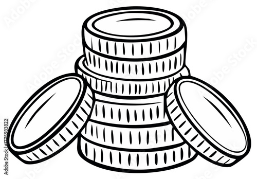 Black and white line art illustration of a cartoon stack of coins for finance and business concepts