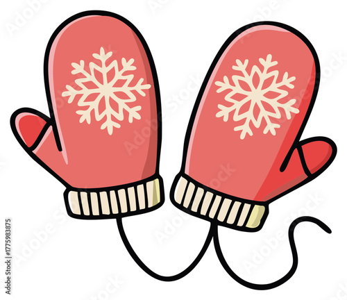 Cartoon winter mittens with snowflake design, cute and cozy handwear for snowy days, illustration