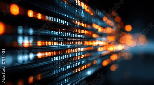 Abstract digital data stream. Blurry binary code streaks across a dark background, highlighted by orange-yellow and white light effects