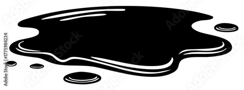 Black Liquid Spill Illustration Featuring Pool and Droplets Emphasizing Vector Style and Graphic Design Elements