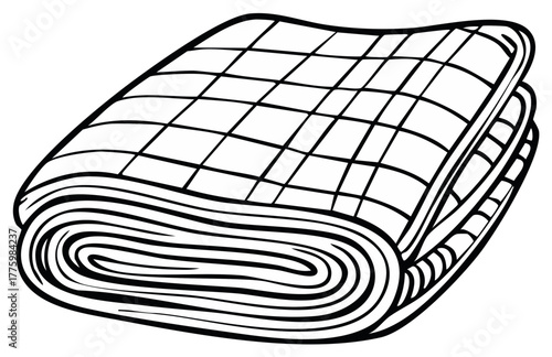 Cozy folded quilted blanket rolled up for warmth comfortable bedding line art illustration