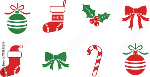 Christmas icon collection, festive holiday decorations, ornament and stocking design, candy cane illustration, holly and bow symbols, cheerful seasonal artwork