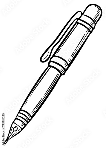 Detailed Vector Illustration of a Classic Fountain Pen, Black and White Art Design