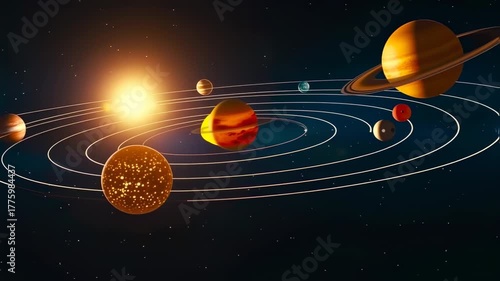 Stylized depiction of a solar system, featuring planets orbiting a bright sun in a starry void