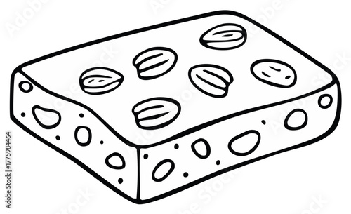 Hand drawn line art illustration of a chocolate brownie with nuts on top