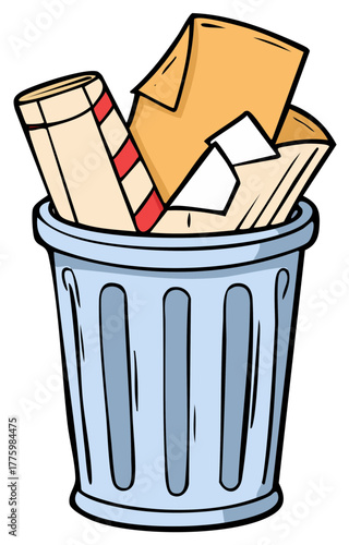 Overflowing Trash Bin with Discarded Documents and Envelopes Cartoon Graphic
