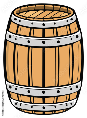 Traditional wooden barrel illustration with metal bands and rivets classic design for storage or winemaking