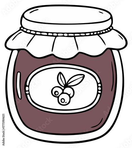 Hand-drawn illustration of a jar of fruit jam with a berry label and decorative lid