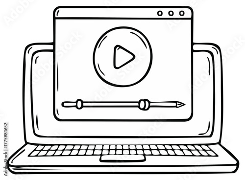 Hand-drawn illustration of a laptop displaying a video player with play button and slider control