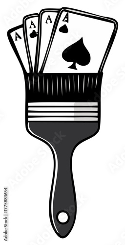 Paintbrush holding four aces poker hand, symbol for gambling and creative artistic process for games and art