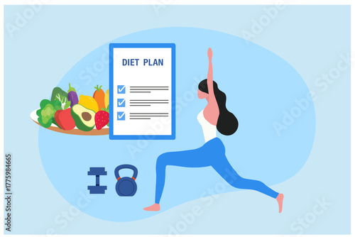 Healthy diet plan, woman eat healthy food and planning diet with fruit and vegetable vector