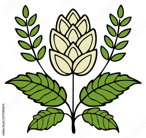 Stylized hop cone with leaves, vector illustration of brewing ingredient with natural foliage and plant design