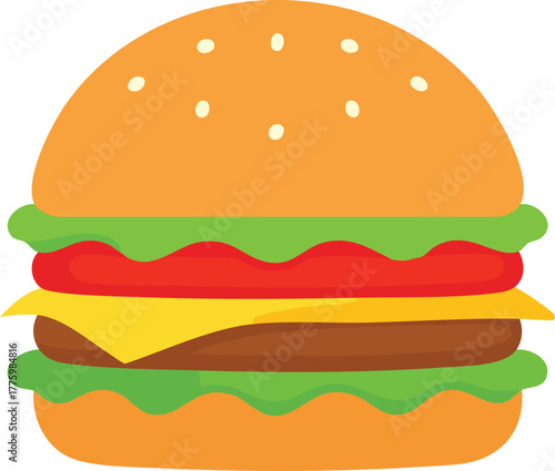 Cartoon illustration of a complete burger with bun, lettuce, tomato, cheese, and patty.
