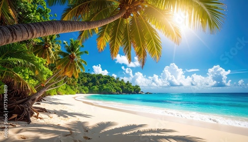 Fototapeta Naklejka Na Ścianę i Meble -  Tropical white sand beach with palm trees framing clear turquoise water and bright blue sky with fluffy clouds during a sunny day casting shadows on the sand
