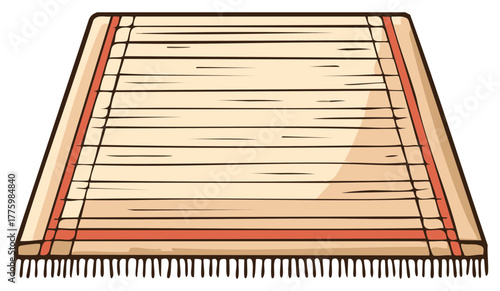 Handwoven beige rug with orange details and fringes for flooring and decor element