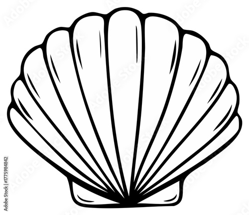 Black and white outline illustration of a classic scallop shell marine symbol perfect for aquatic designs