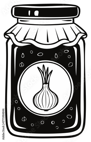 Black and White Illustration of a Jar of Pickled Onions with a Ruffled Lid and Onion Emblem