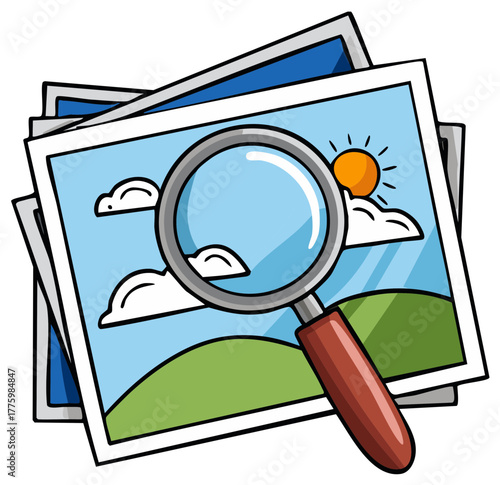 Magnifying Glass Inspecting a Stack of Landscape Photos Cartoon Illustration