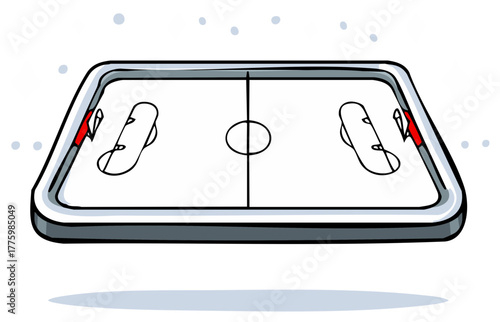 Air hockey table cartoon illustration with table, pucks, paddles, and snow