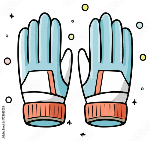 Cartoon illustration of winter gloves. Blue gloves with orange accents. Pair of warm accessories.
