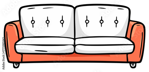 Cartoon orange sofa illustration with white cushions and black outline