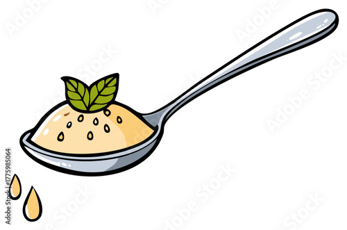 Spoonful of Creamy Dessert Topped with Mint Leaves and Dripping Sauce in Cartoon Style