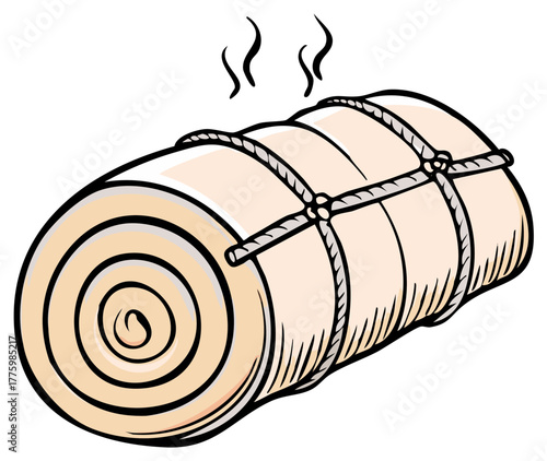 Steaming Rolled Food Item Bound with Rope Graphic Illustration
