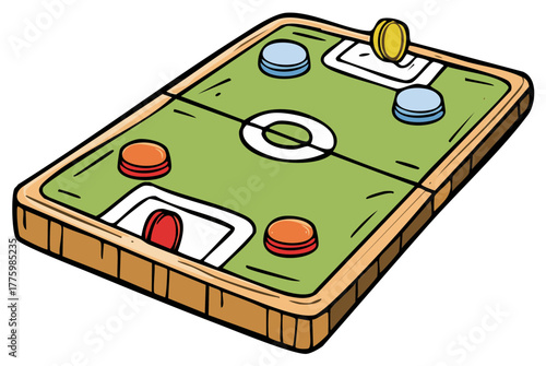 Crokinole Board Game Cartoon with Colored Discs on Playing Surface Illustration