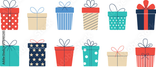 Gift box collection, colorful present icons, festive holiday design, decorated packages illustration, birthday celebration art, Christmas wrapping, cheerful seasonal decoration