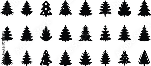 Pine tree silhouettes, Christmas tree icons, festive holiday design, black forest shapes, decorative evergreen art, winter season illustration, abstract nature