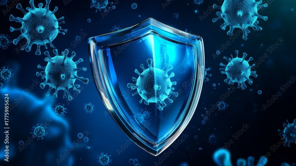 Fototapeta premium Stylized shield, glass front, germs and bacteria, symbolic representation of protection, vector art, 3D, deep blue background, product advertising, high-resolution, smooth finish, glossy, clean,