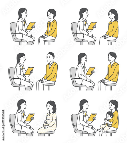 患者を診察する医者のシンプルイラスト素材セット